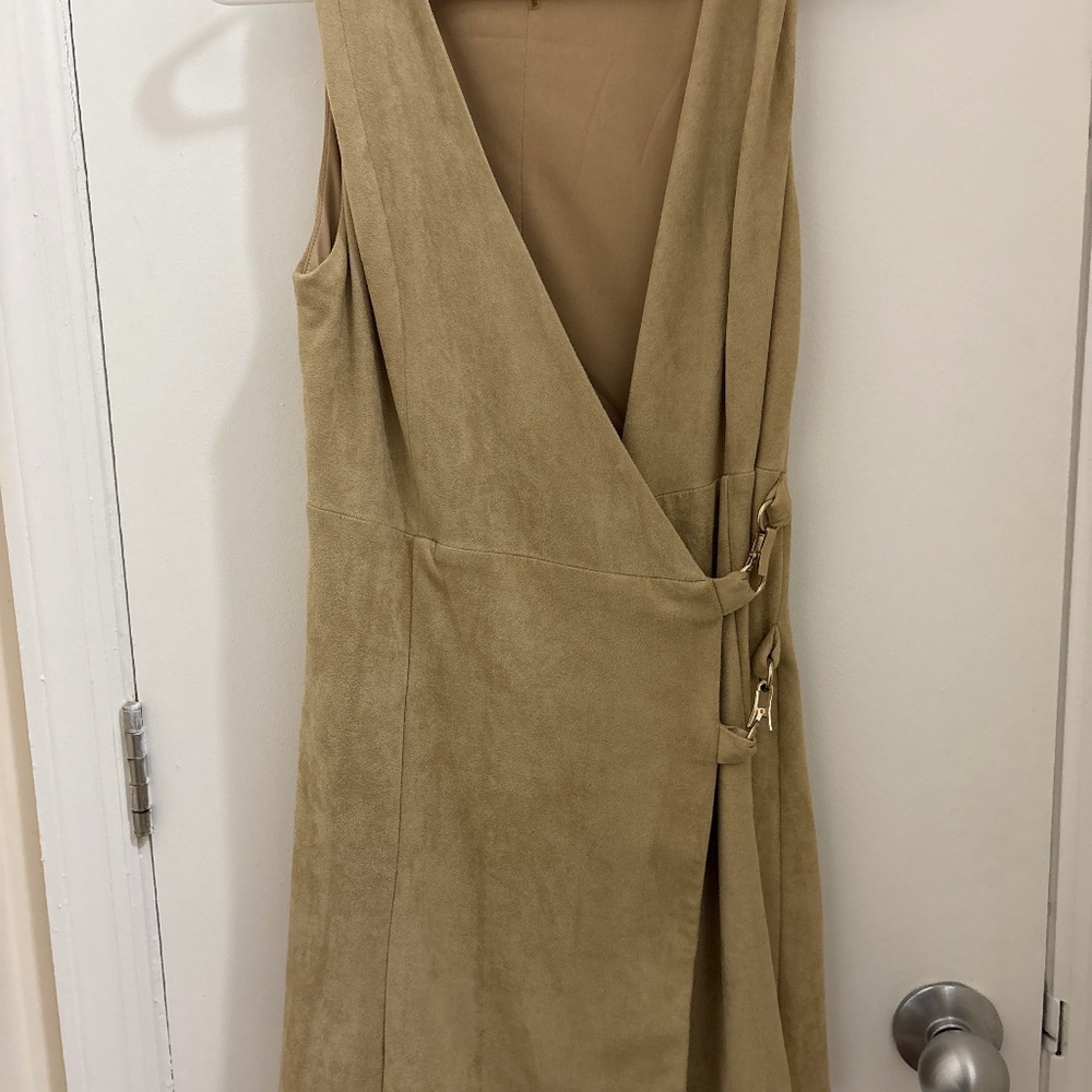Beige Faux Suede Wrap Dress — Buckle Detail, Sleeveless, Minimalist Chic